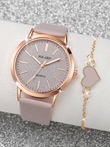 2 件/套女士时尚简约刻度表盘经典优雅石英腕表 + 心形手链，不含表盒