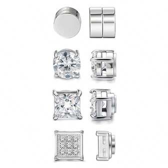 4 Pairs Stainless Steel Magnetic Earrings For Men Women Non-Piercing CZ Hypoallergenic Round Square Teardrop Faux Diamond Halo Magnetic Stud Earrings Set