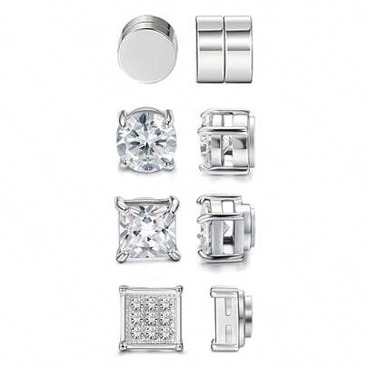 4 Pairs Stainless Steel Magnetic Earrings For Men Women Non-Piercing CZ Hypoallergenic Round Square Teardrop Faux Diamond Halo Magnetic Stud Earrings Set