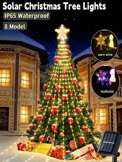 Solar Christmas Decoration Lights, 200/290 LED Waterfall String Lights With Star Tree Topper, 8 Modes IP65 Waterproof For Indoor Outdoor Use - For Yard, Party, Home, Holiday (Warm White/Multi-Color)
