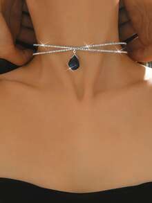 1 chiếc vòng cổ choker chéo đính đá Rhinestone & Zirconia thời trang sang trọng dành cho nữ, thích hợp để đeo hàng ngày và dự tiệc - màu xanh nước biển - Xem 3