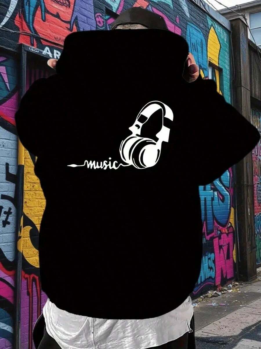 Men'S Casual Hooded Sweatshirt With Cherry Blossom & Music Print - Black, Long Sleeve, Drawstring Hood, Front Pocket, Spring-Summer Streetwear,Fall Hoodies,Men's Fall Clothes,Street Wear,Halloween,Mens Hoodies,Y2k Clothes,Jesus Hoodie,Thanksgiving Day,Nightmare Before Christmas,Christmas - Black - View 1