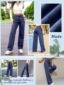 Jeans casuales de pierna recta y ajuste holgado para mujer con bolsillos, jeans rectos de moda, pantalones vaqueros holgados de mezclilla lavada, estilo vintage y casual, pierna ancha y talle alto para uso diario, cómodos, elásticos y aptos para todas las estaciones - Azul lavado oscuro - Ver 10