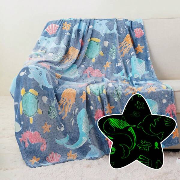 بطانية فلانيل بسيطة تضيء في الظلام مزينة بمخلوقات بحرية، مناسبة لجميع الفصول، رائعة للأريكة والغرفة والمكتب والسفر والتخييم والفراش، هدية ممتازة للعائلة والأصدقاء