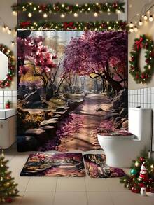 1 pièce Rideau de douche à motif paysage floral rose, rideau de douche imperméable avec crochets, séparateur de salle de bain, accessoire de décoration de salle de bain, décoration de Noël