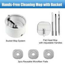 Spin Mop & Bucket Cleaning System - Dual Compartments (Clean/Dirty Water Separation) + Filtered Water + Auto Wrap, 360° Swivel Mop Head + Stainless Steel Handle + Built-In Scrubbing Brush, 3 Re-Washable Microfibre Mopping Pads For Hardwood Floors, Tiles, Marble & Laminate Wood Floors - trắng - Xem 3
