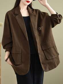 Women's Plus Size Fall Retro Oversized Blazer - European-Style Utility Jacket, Loose Fit & Figure-Flattering, Casual Fashion Outerwear
