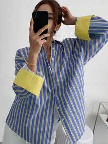 Damska koszula w paski w dużym rozmiarze, zapinana na guziki, niebiesko-żółta, luźna bluzka z kontrastowymi mankietami, luźna bluzka w stylu vintage z długim rękawem, idealna na co dzień i na ulicę