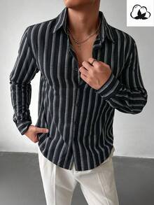 WAIT HIM 男士单排扣宽松休闲条纹长袖衬衫，秋季 - 黑色 - 查看 4