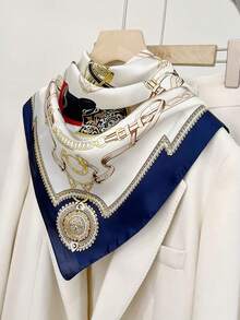 قطعة واحدة 70 سم * 70 سم وشاح مربع صغير من الحرير الاصطناعي الفاخر مطبوع بعجلة السلسلة، وشاح عنق أنيق متعدد الاستخدامات للأعمال والأوقات العادية والسفر والمناسبات