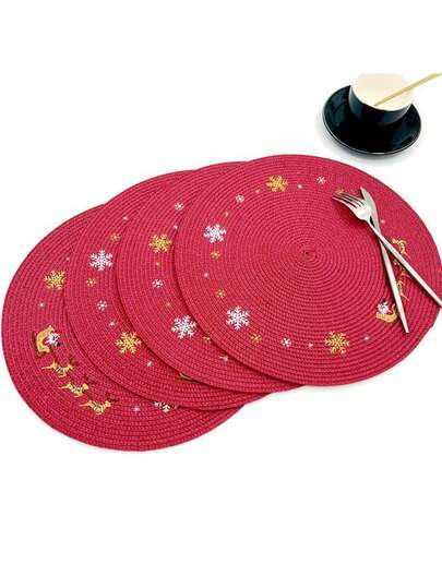 4pcs Christmas Holiday Round Placemats, With Golden Snowflake And Santa Claus Elements, Woven Placemats Coasters Decorative Background For Outdoor, Hotel, Western Restaurant, European Minimalist Style