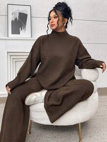 مجموعة كنزة صوفية محبوكة ذات لون أساسي أنيقة للمرأة البدينة، مناسبة للارتداء في المناسبات والخريف/الشتاء، ذات تصميم رشيق ودافئ - قهوة بني - مشاهدة 5