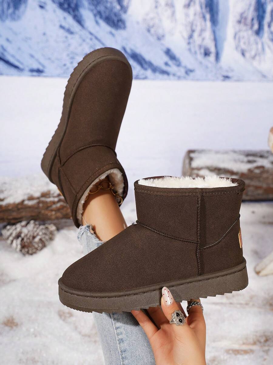 Women's Retro Elegant Solid Color Outdoor Fleece Snow Boots, Thick Sole Anti-Slip Short Boots, Warm And Cold-Proof, Winter New Thick And Warm Anti-Freeze Snow Boots, Waterproof And Anti-Slip Comfortable Snow Boots, Unisex Design, Outdoor Anti-Slip Comfortable Shoes With Thick Flat Soles Winter Slippers - Coffee Brown - View 1