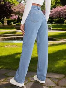 Jeans casuales de pierna recta y ajuste holgado para mujer con bolsillos , Pantalones De Pierna Recta De Mezclilla Lavada, Pantalones vaqueros diarios simples unicolor para mujer - Azul - Ver 3