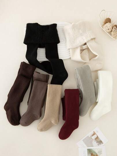 3/2/1 Pairs Girls Tights/Leggings, Solid Color, Minimalist Design, Comfortable & Warm, Fleece Lining, Classic Vertical Stripe Decor, Suitable For Birthday Party, Holiday Gift, Back To School, Travel, Outdoor Sports, Daily Wear, Random Color & Style Assortment, Multiple Packs Available