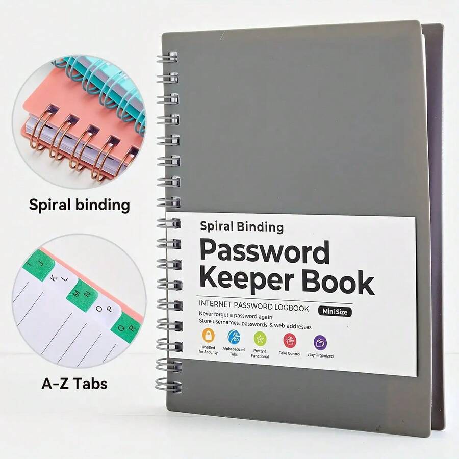 A6 Mini Password Book With A-Z Letter Labels And Password Strength Indicator - Spiral Binding Security Lock Mechanism (Keyless) - Portable Password Manager For Internet Logins, User Names, And Computer Passwords - Ideal For Home, Office, And Travel - 灰色的 - 查看 1