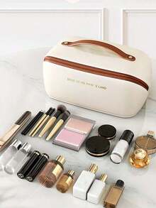 1 pieza Bolsa de cosméticos de gran capacidad, Bolsa de maquillaje de viaje, Organizador de maquillaje de cuero PU, Soporte para brochas de maquillaje, Bolsa de almacenamiento impermeable, Bolsa de almacenamiento de cosméticos de doble capa, Bolsa de aseo, Organización y almacenamiento, Esencial para viajar