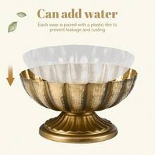 Set Of 4 7'' Wide 3.94'' High Distressed Gold Compote Pedestal Vases Vintage Antique Urn Gold Vases For Centerpieces Metal Compote Bowl Vase For Wedding Centerpieces - 金色 - 查看 4