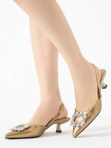 女士水钻装饰纯色尖头后系带猫跟露跟高跟鞋，时尚舒适，适合优雅派对、宴会、晚礼服、秋冬季节穿着，金色高跟鞋搭配商务装束，优雅迷人。 - 金色 - 查看 5