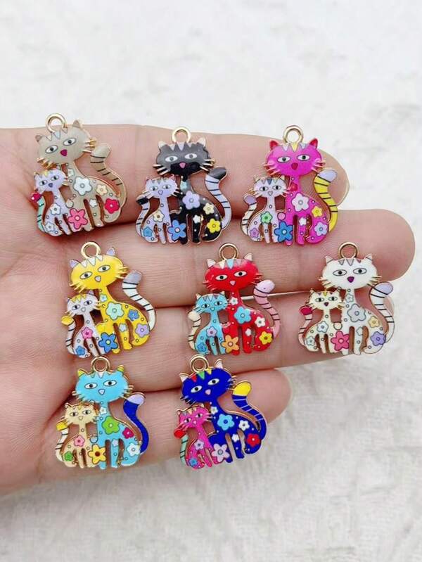 10 PCs Cartoon Enamel Cat Animal Charms Cute Gold Color Metal Pendants DIY Necklace Bracelets Jewelry Making