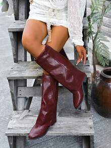 Plateauschuhe mit dicker Sohle in Große Größen, kniehohe Chunky-Absatz-Stiefel mit spitzer Zehenkappe im Punk-Rock-Stil, Retro-Streetwear-Western-Cowboy-Stiefel für Outdoor-Partys, Herbst/Winter - Bordeaux - Übersicht 5