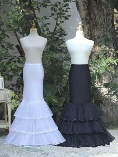 1pc Women's Black Mermaid Skirt Slip, Elastic Waist Fitted Underskirt, White 3-Layer Crystal Tulle Trim + 1 Underwire, Formal Dress Petticoat, Princess Dress Crinoline, Crystal Tulle Lining, Elegant Bridal Gown Underskirt