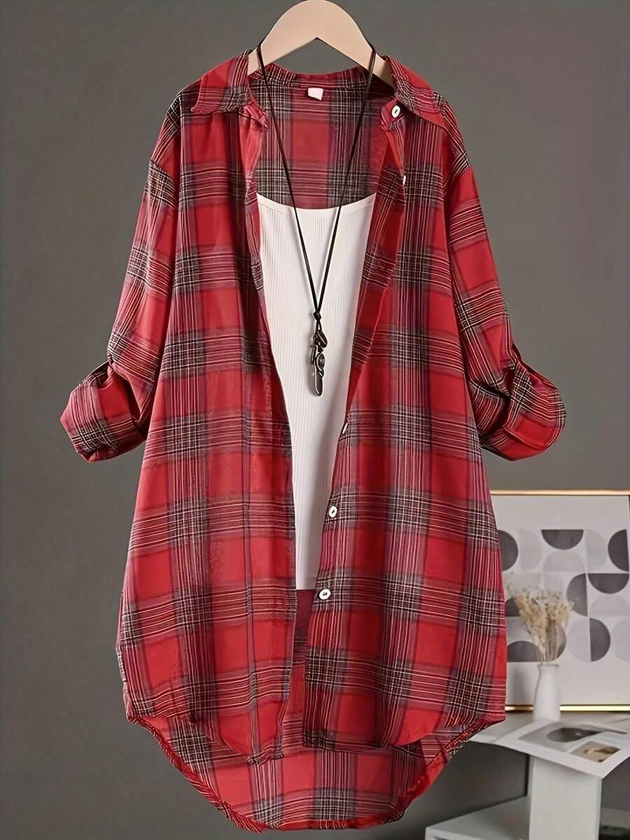 Women's Plus-Size Loose Mid-Length Linen-Cotton Checked Shirt - Versatile Casual Daily Wear
