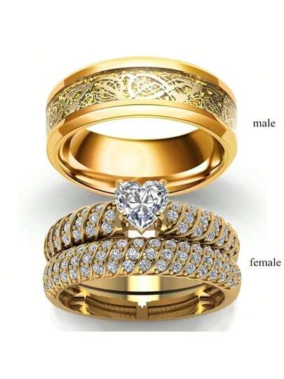 Wedding Jewelry Accessories Fashion Jewelry Golden Couple Rings For Lover's Vintage Stainless Steel Men Rings Romantic Heart Zirconia Ring Set Bridal Engagement Gift