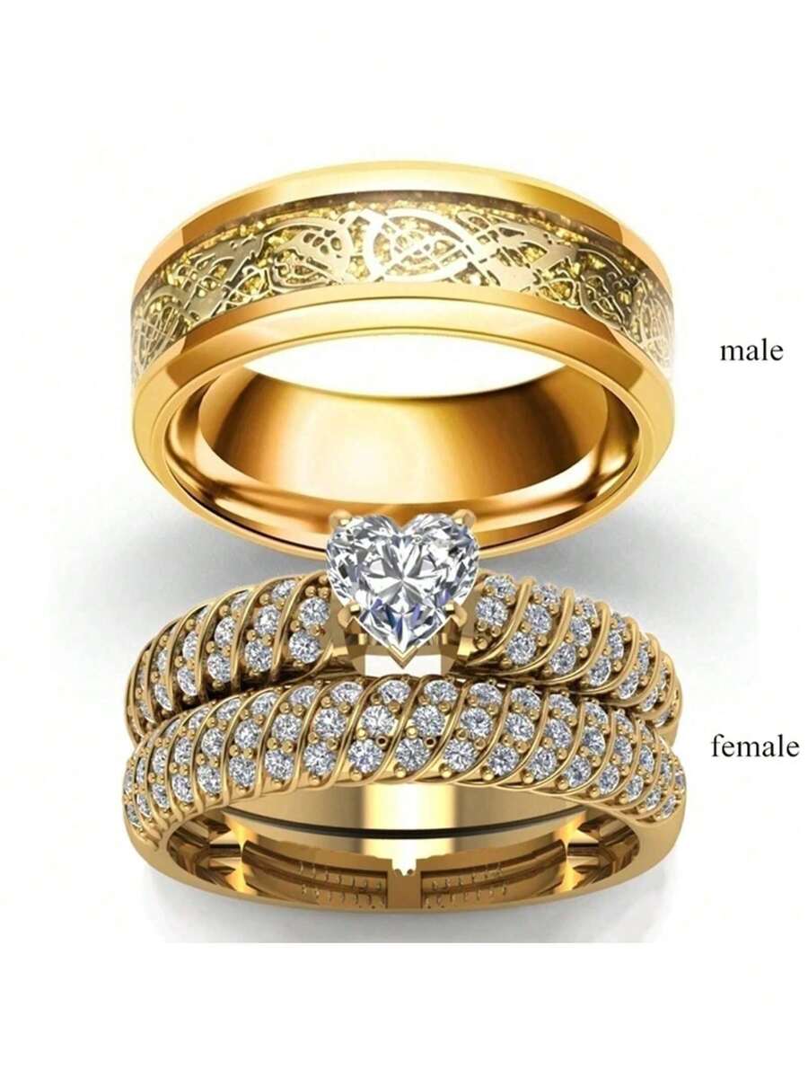 Wedding Jewelry Accessories Fashion Jewelry Golden Couple Rings For Lover's Vintage Stainless Steel Men Rings Romantic Heart Zirconia Ring Set Bridal Engagement Gift - 男性 - 查看 1