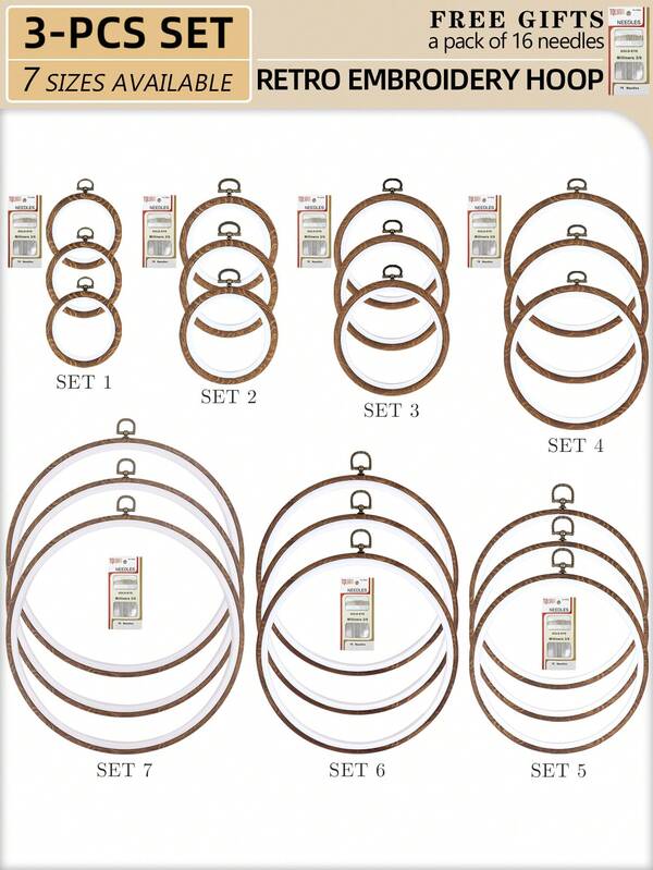 3pcs/Set Vintage Brown Faux Wood Grain DIY Embroidery Hoops, Includes Cross Stitch Hoops, Punch Needle Hoops, Dream Catcher Hanging Rings In 7 Sizes