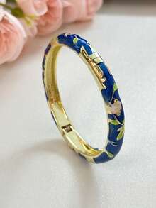 1 pieza Brazalete de estilo vintage con esmalte floral dorado, brazalete dorado, accesorio de joyería para niñas y mujeres, adecuado para uso diario y regalos festivos