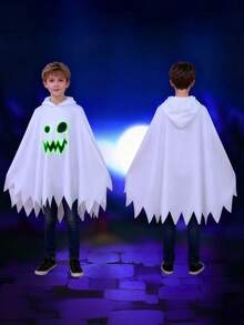 Kids' Glow-In-The-Dark White Hooded Cape With Cartoon Face Design - Durable Polyester, Perfect For Christmas Cosplay & Theme Parties, Easy Care, Christmas Shawl - White - View 2