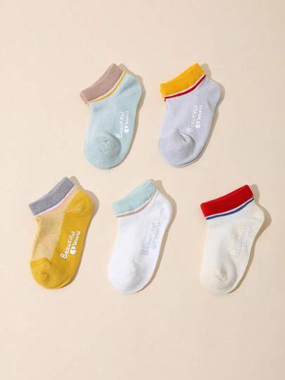 5 双儿童彩色字母撞色网眼透气针织儿童袜，可爱适合日常穿着