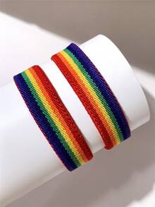 2pcs Minimalist Casual Versatile Rainbow Elastic Wristbands, Suitable For Couples, Parties, Friends As Perfect Gifts - Multicolor - View 3