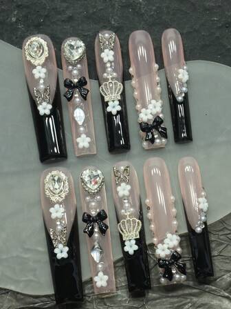 CrystalHola Christmas Nails 10 Pieces Of Hand Pressed Nails, Hand Pressed Fake Nails, Ultra Long Ballet Shaped Nail Art Set, Various Black French Three-Dimensional Rhinestones, Fully Covered , Essential For Parties And Gatherings, Making It The First Choice For Birthday Gifts.Halloween Nails