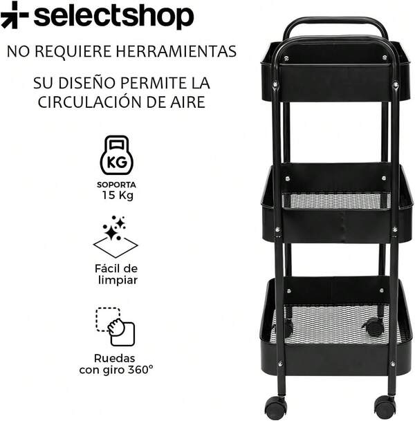 SELECTSHOP Carrito Organizador Metalico Multiusos De Tres Repisas con Ruedas Giratorias con Sistema De Bloqueo Recistente para Cocina Baño Carrito De Servicio (Negro)