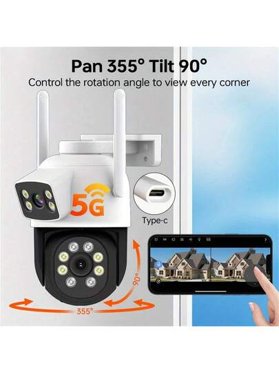 1pc 5G WIFI ,2MP+2MP Dual Len Wireless Outdoor Security Camera,Smart PTZ Home Surveillance Cameras 2.4/5Ghz Wifi,Indoor CCTV IP Cameras,Auto Tracking,Alarm Night Vision, Pan Tilt Rotation, Video Network Camera System Supports Two Way Audio view 10