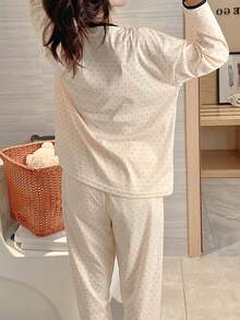 女士两件套睡衣，圆领，吸湿排汗，可爱波点印花，长袖上衣和裤子，家居服，春/秋/冬装 - 米色 - 查看 3