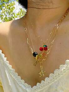 3pcs Leopard & Cherry Necklace Set, 8-Ball Billiard Dice Charm Necklace, Red Cherry Necklace, Fashionable Star Necklace, Classic Leopard Necklace - Bạc - Xem 6