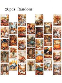 20pcs Autumn Fairy Tale Postcards, Harvest Season Greetings, Autumn Limited Edition, Warm Healing Pumpkin + Maple Leaves + Mushroom House, Comfortable Autumn Theme Booklet / Decoration / Greeting Card / Postcard, Thick Cardboard, Gift Series