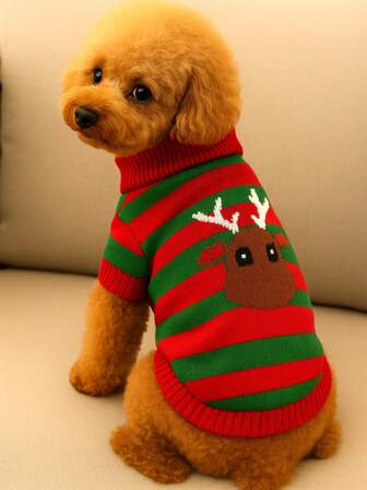 1pc Pet Clothes, Warm Winter Christmas Series, Comfortable Knitted Sweater, Embroidered Pet Apparel, Dog Clothes, Autumn/Winter New Pet Round Neck Knitted Sweater, Reindeer Pattern, Reindeer Embroidery Pet Sweater, Warm Winter Christmas Dog & Cat Clothes, Comfortable Round Neck Pullover Suitable For Small Dogs And Cats, With Antler Design #Christmas Pet Clothes #Dog Christmas Sweater #Pet Holiday Outfit