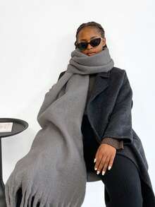 1 pieza Bufanda larga y esponjosa de unicolor para mujer, cálido chal de cuello, chal grueso y oversize con flecos, chal grueso de punto con flecos para el invierno - HM05-Gris oscuro - Ver 7