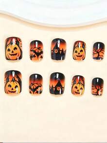 Fique Glamorosa com 24 Unhas Postiças de Formato Amendoado Médio, Estilo Punk, Unhas Falsas Legais de Halloween com Degradê Verde Escuro, Apresentando Estrelas Fofas, Luas, Gatos Pretos e Fantasmas, Juntamente com Degradês Laranja Estilo Y2K e Abóboras Assustadoras. Kit de Unhas Falsas de Cobertura Total para Mulheres e Meninas, Inclui 1 Peça Folha de Adesivos e 1 Peça Lixa de Unha Jelly Gel, Envio Aleatório