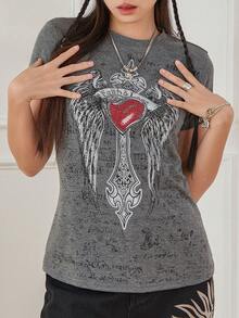 Womenacute;S Slim Gothic Tops Retro Rhinestone Cross  Wing Print Cap Sleeve Round-Neck Grunge T-Shirts For Summer Spring - Grey - View 8