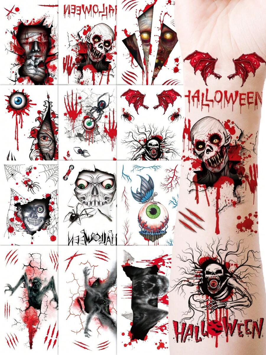 12 piezas de tatuajes temporales de Halloween - Heridas falsas 3D realistas de terror, patrones de calavera, fantasma, murciélago y horror, para bromas, maquillaje, cosplay, disfraces de Halloween, fiestas y accesorios de carnaval