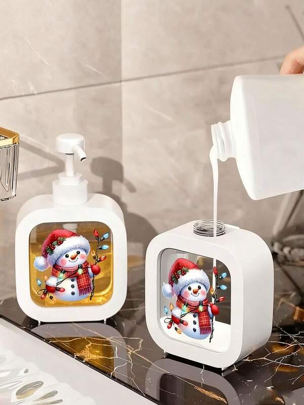Dispensador de jabón navideño con bomba - Diseño de muñeco de nieve con gorro de Papá Noel, dispensador de jabón recargable para baño y cocina, ventana transparente para rellenarlo fácilmente, decoración navideña - compatible con jabón líquido, accesorios para fregadero de cocina, diseño festivo, plástico duradero