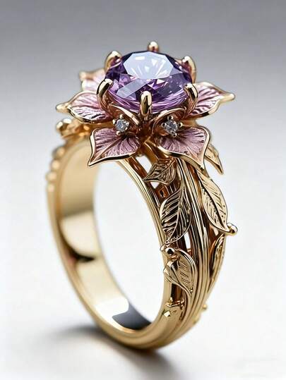 1 pezzo Anello da donna con fiore geometrico intarsiato di colore viola e zirconi, accessorio di gioielleria alla moda, regalo per feste di compleanno