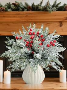 30pcs Christmas Artificial Snow Pine Branches With Red Berries, Faux Norfolk Pine Needles, For DIY Crafts, Wreaths, Home Decor, And Christmas Tree Ornaments, Tabletop Plastic Greenery For Fall, Winter, And Holiday Arrangements Garland Home Decor Christmas Decorations Room Decor