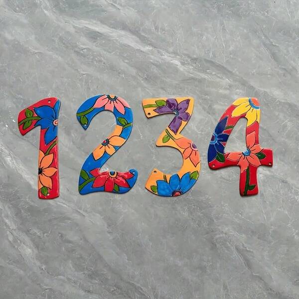 Placa de metal com padrão floral, 2D, plana, 5,9 polegadas de altura, números de 0 a 9, 2D plana, placa de número de casa, colorida, decoração de porta de casa, adequada para casas e vilas, 2D plana, perfeita para decoração de ambientes