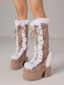 Fall Boots For Women Knee High Boots Side Zipper Warm Fur Platform Chunky Heel Platform Heel Punk&Y2K Style Christmas Shoes Snow Boots Winter Outfit For Women - 杏色 - 查看 5